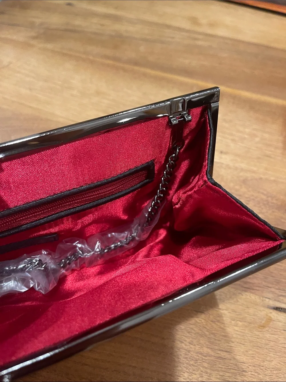 Ann Taylor Loft Black Satin Evening Clutch with Chain Strap
